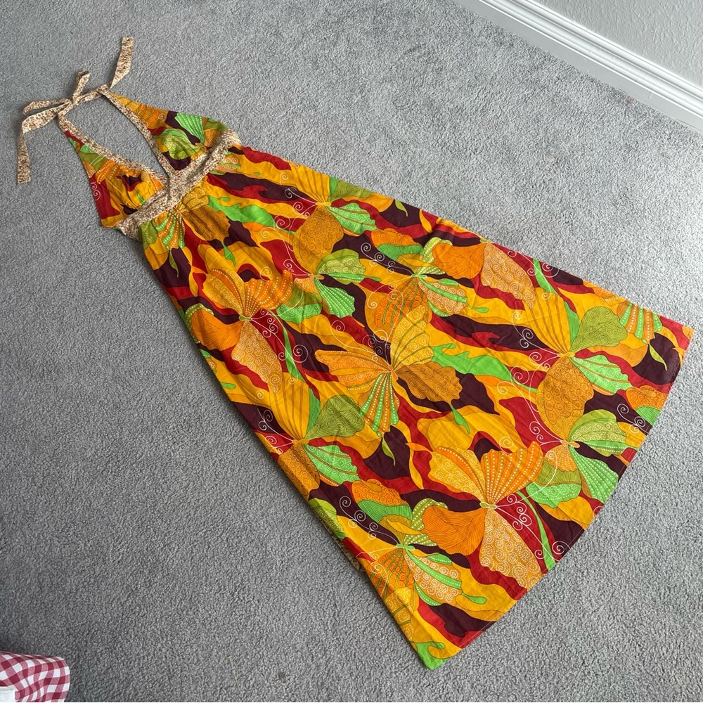 Y2K Forever 21 does 1970s Vibrant Multicolor Cotton Butterfly Halter Maxi Dress